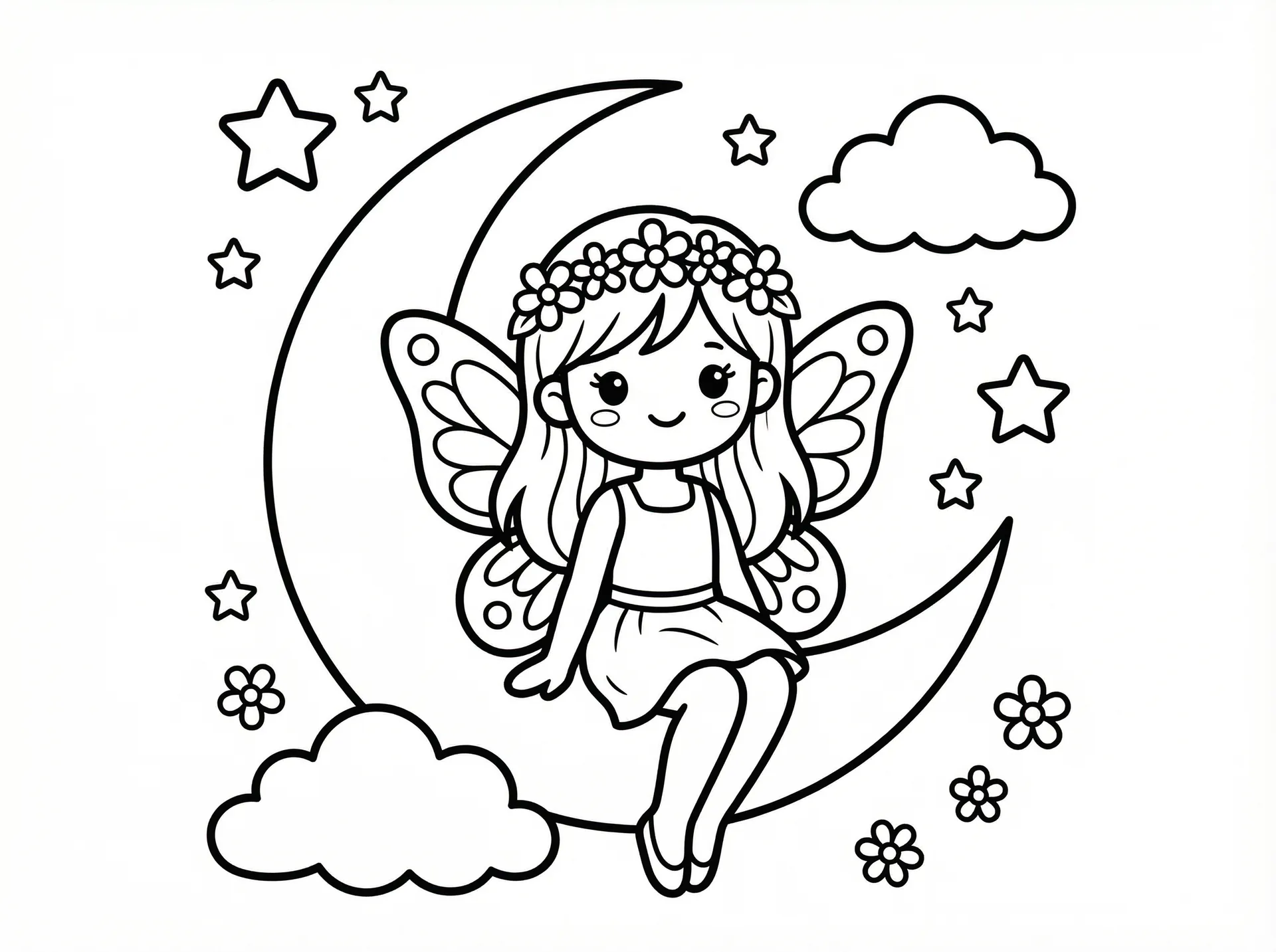 狗头萝莉 - 月亮上的蝴蝶翅膀精灵涂色线稿